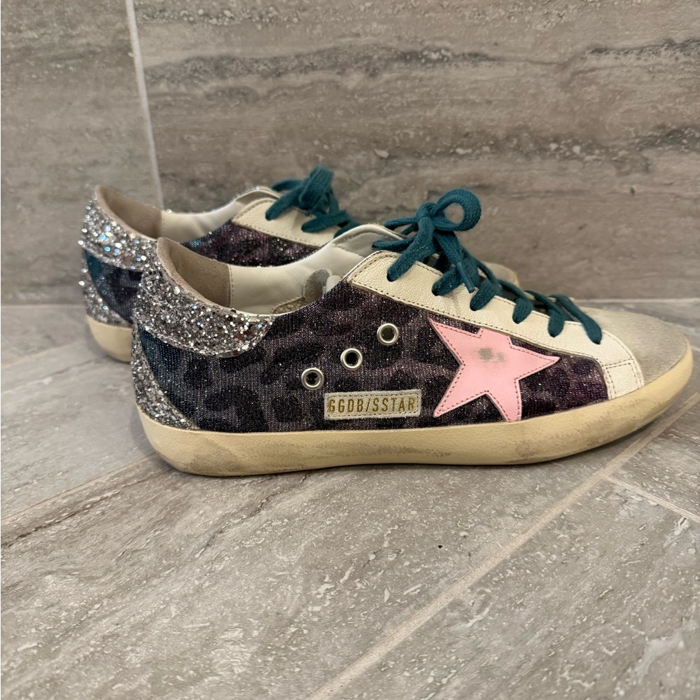 Golden Goose Sneakers with Pink Star, Teal Laces & Silver Glitter Heel